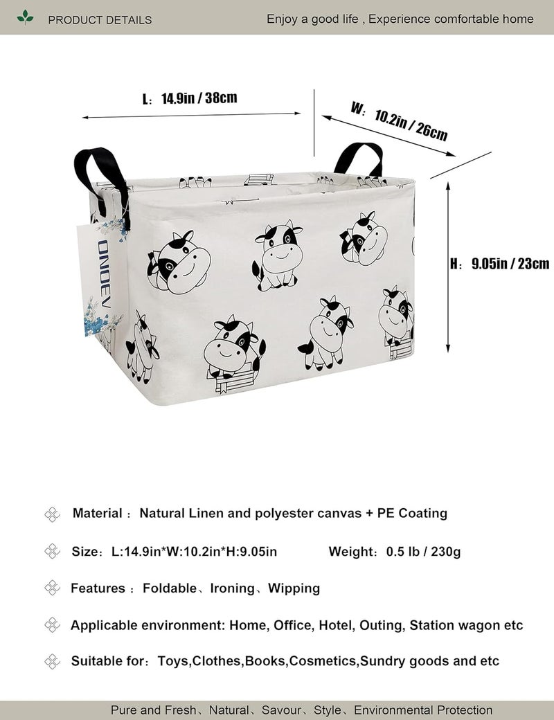 ONOEV Rectangular Folding Laundry Basket,Canvas Basket,Nersury Hamper,Suitable for Children,Office,Bedroom,Clothes,Toys Storage (REC Cow), 14.9’’L ×10.2’’W×9.05’’H inches - Image 2